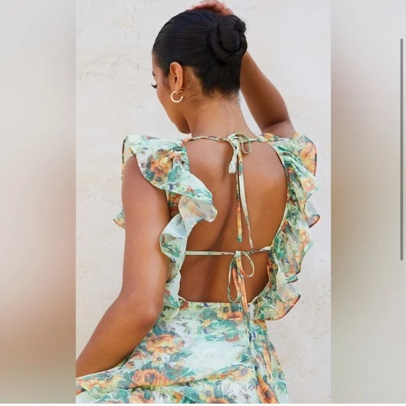 Pretty little thing green floral ruffle tie back mini dress - Picture 3 of 7